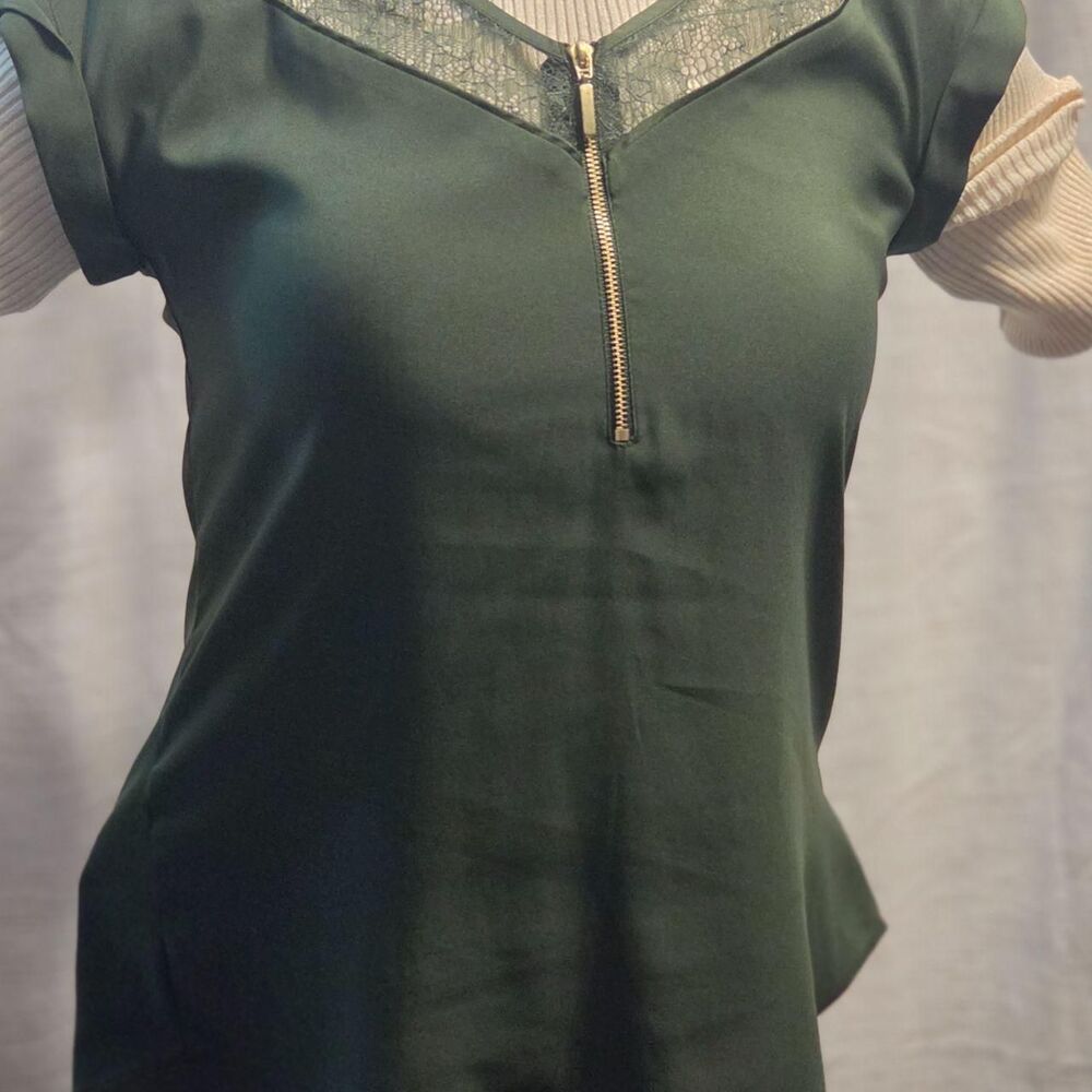 Express Lace Cap Sleeve Zippered Dark Green Top